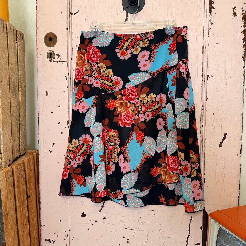 90’s Floral Asymmetrical Skirt in Black with Turquoise & Pink Accents